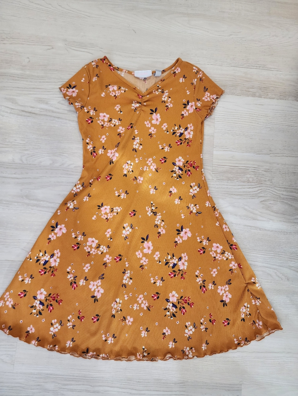 The Childrens Place Girls Mustard Floral Short Sleeve Fit-and-Flare Dress 7/8